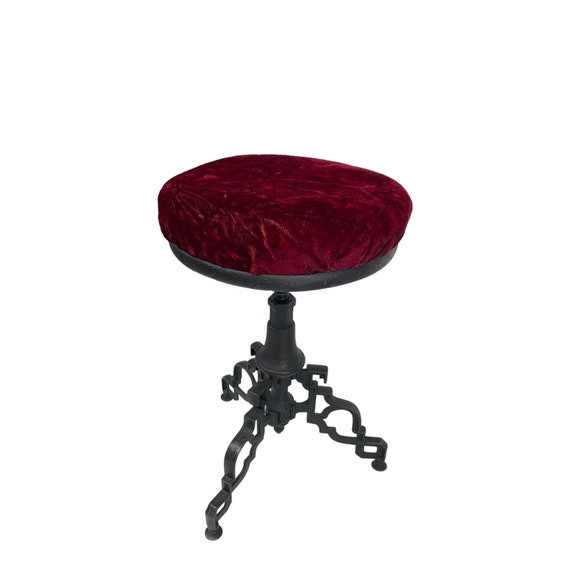 Vintage Adjustable Stool - Ornate Cast Iron Base, Red Velvet Round Seat, Gothic Spanish Revival Decor, Vanity Stool, Parlor Chair