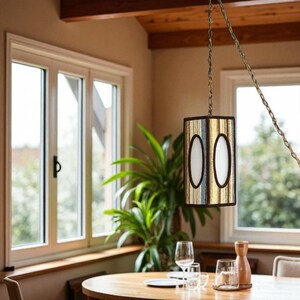 Vintage cottagecore swag lamp with hexagonal shape and oval cutout, hanging on chain from the ceiling in a country breakfast nook.