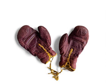 Vintage Wilson Dark Red Leather Lace Up Boxing Gloves Pair - Old Sports Gear Decor