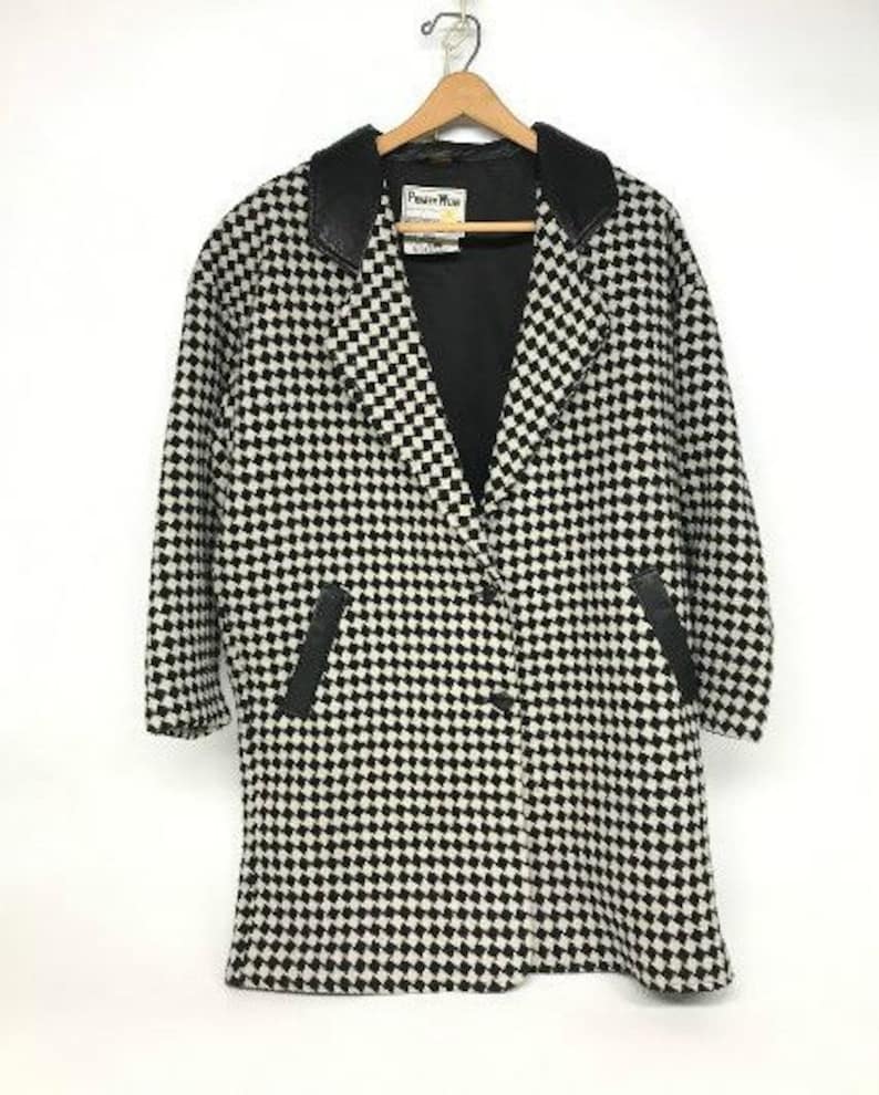 Wool Peacoat Black and White Jacket Vintage Duster Pioneer Wear Coat Womens Wool Jacket Vintage Houndstooth Jacket 1960s Pioneer Wear