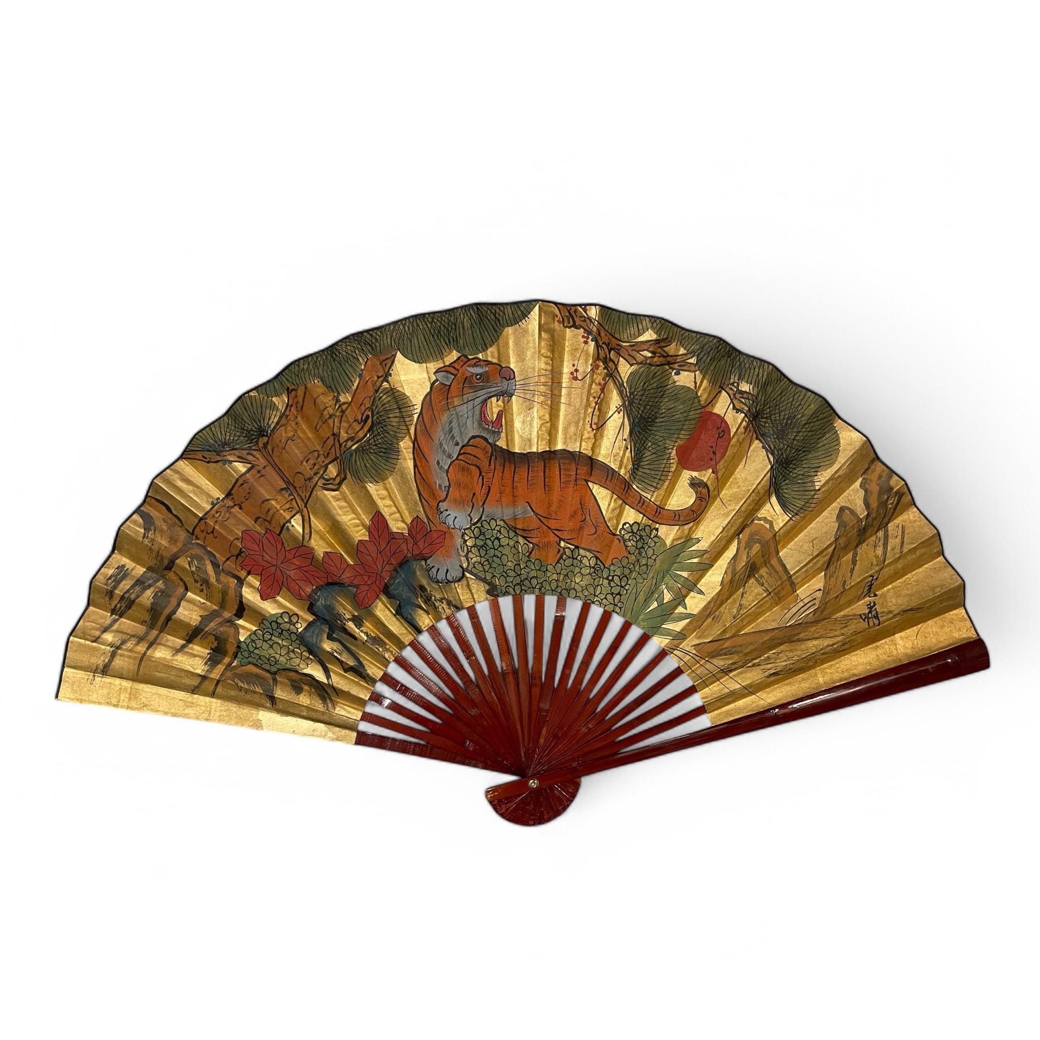 Vintage Large Asian Gold Leaf Folding Fan - Hand Painted Tiger