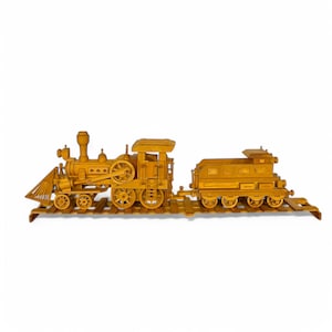 Vintage Large Wooden Train - Steam Locomotive and Tender Car, Collectible Toy, Railway Set with Tracks, Moveable Parts, Railroad Decor