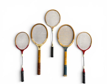 Set of 5 Vintage Tennis & Badminton Rackets Wall Decor Collection