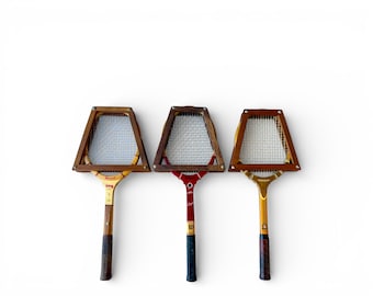 Vintage Wooden Tennis Rackets Set of 3 with Presses Decor