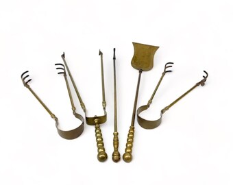 Vintage Solid Brass Fireplace Tool Set – Mid Century Hearth Decor (5 Pieces)