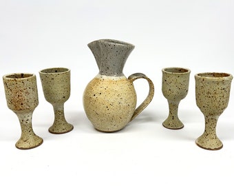 Vintage Studio Pottery Pitcher Goblet Set, 1970s Pottery, Mid Century Pottery, Pottery Goblets, Pottery Signed by Artist