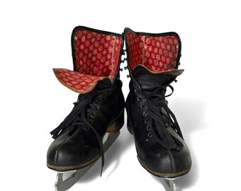 Pair Vintage Black Leather Ice Skates - Winter Cabin Lodge Decor, Red White Snowflake Lining