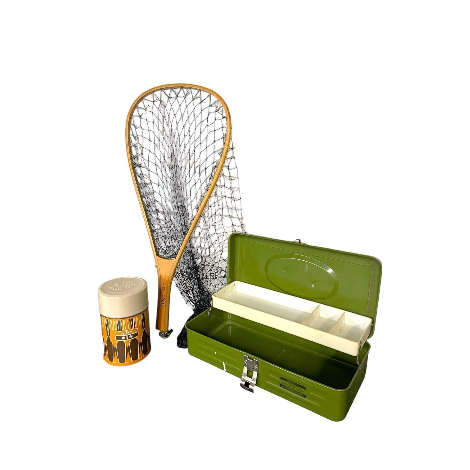 Vintage Fishing Gear Set, Fish Net, Olive Green Tackle Box by