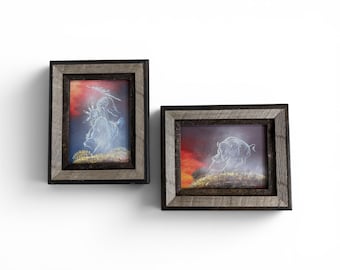 Vintage Loren Two Bulls Native American Original Painting Pair Framed Buffalo Warrior Art
