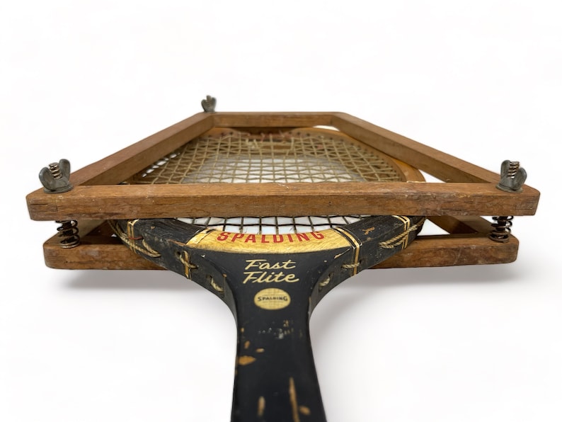 Vintage Wooden Tennis Racket Pair, Spalding Fast Flite, Paucho Segura Special Model with racket press, sports collectible game room decor.