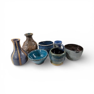 Vintage Studio Pottery 7 Piece Set – Turquoise Blue Glazed Ceramic, Coastal Decor