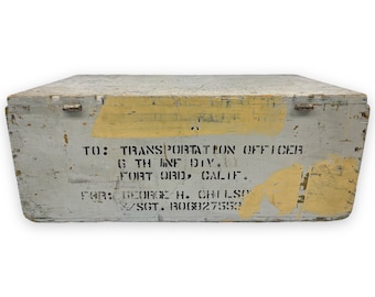 Vintage Wooden Military Crate with Lid - Army Footlocker from 6th Infantry, Rustic Storage Chest, Military Trunk
