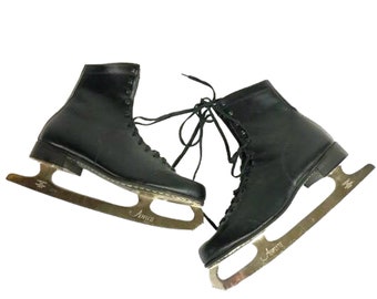 Vintage Black Leather Ice Skates - Ski Lodge Decor