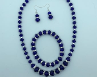 Gorgeous Royal Blue Crystal Necklace Set with Bracelet and Free 925 Matching Earrings