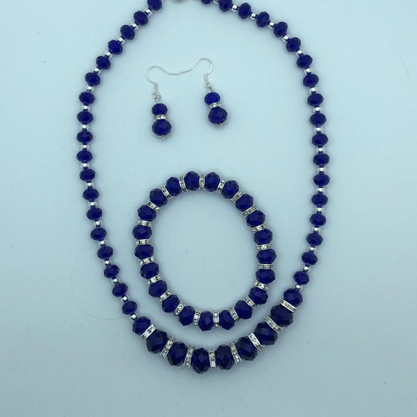 Magnifique collier de cristal bleu royal avec bracelet et boucles d’oreilles assorties 925 gratuites