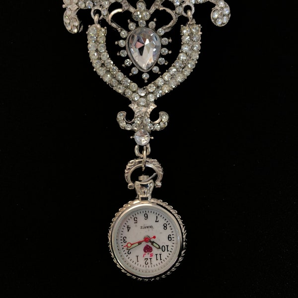 Beautiful Brooch Fob Watch with Diamante Bead