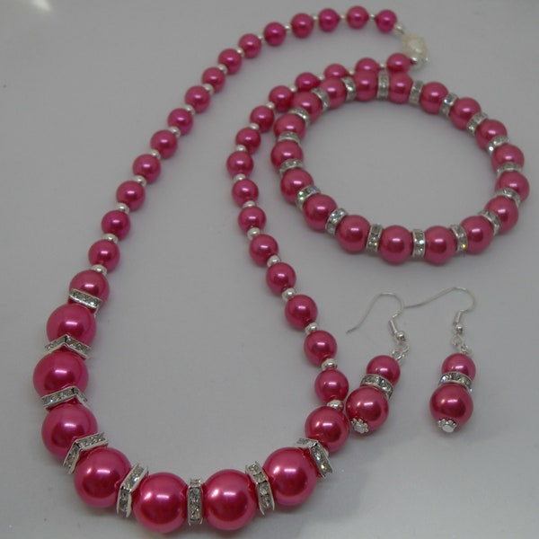 Quality Cerise Pink Pearl Necklace with Matching Bracelet and Free Earrings