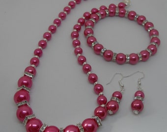 Collier de perles roses Cerise de qualité avec bracelet assorti et boucles d’oreilles gratuites