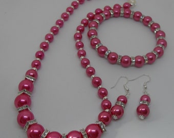 Quality Cerise Pink Pearl Necklace with Matching Bracelet and Free Earrings