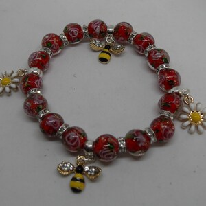 Unique Red Glass Murano Beaded Bracelet with Bee and Flower Charms