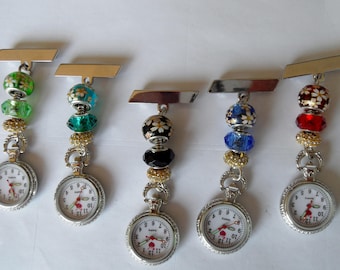 Pretty Coloured and Gold Floral Beaded Fob Watch for Nurses, Carers, Beauticians and Vets