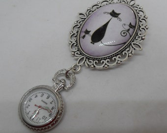 Vintage Black Cat Cabachon Brooch Fob Watch