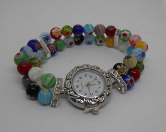 Montre Millefiori florale et perles de verre