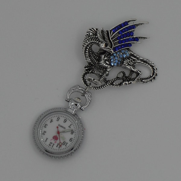 Blue Crystal Diamante Silver Dragon Brooch Watch