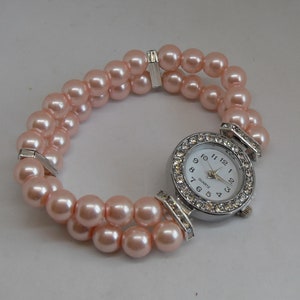 Pink 2 Strand Ladies Pearl Wrist Watch for Weddings/Special Occasions