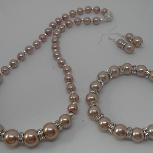 Collier de perles champagne avec bracelet assorti et boucles d'oreilles 925 gratuites