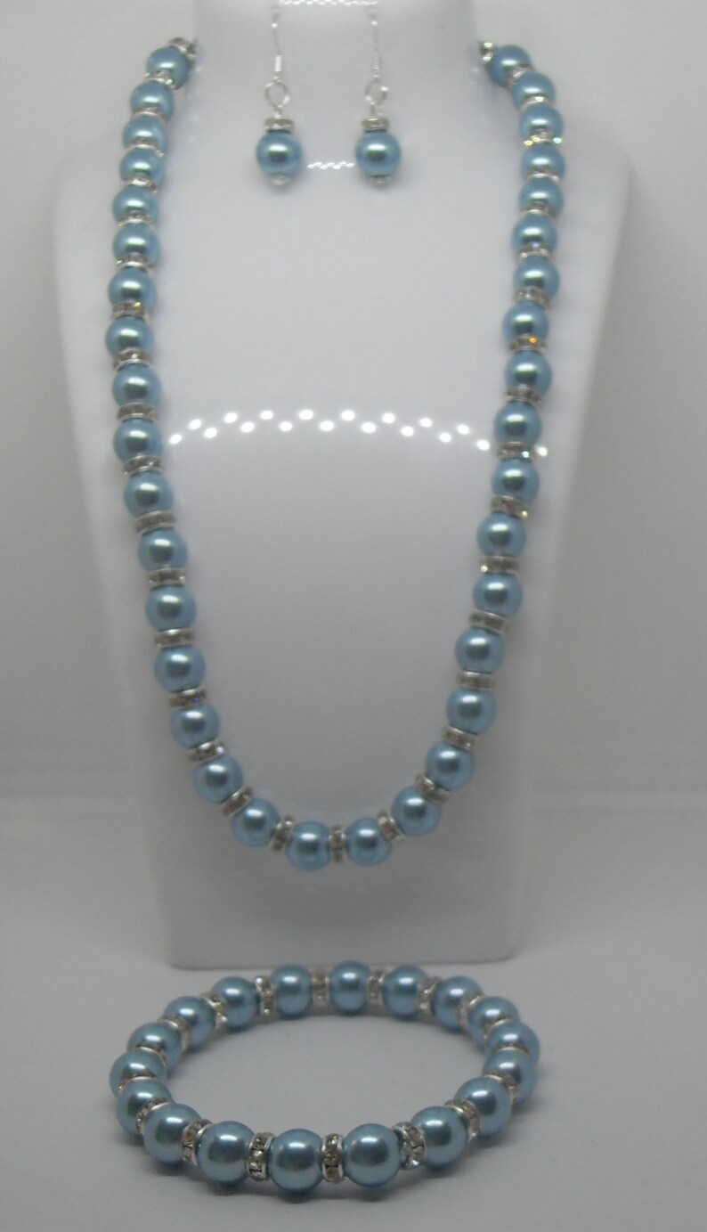 Beautiful Powder Blue Czech Glass Pearl Necklace, Bracelet and Sterling Silver Earring Set image 2