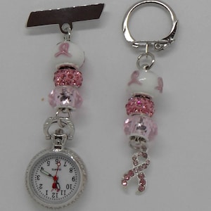 Beautiful Pink Crystal Cancer Ribbon Fob Watch and Keyring Set (Sold Separately)