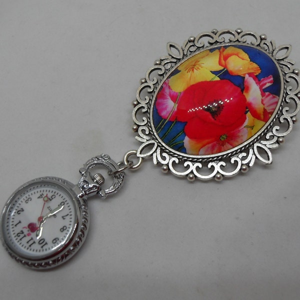 vintage Poppy Cabachon Brooch Fob Watch