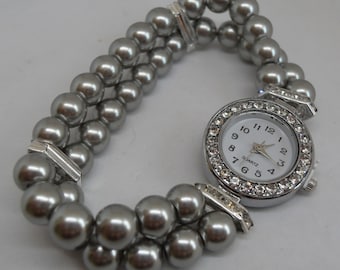 Silver/grey Glass Pearl Beaded Ladies Wrist Watch for Weddings and Special Occasions