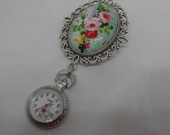Vintage Colourful Floral Cabachon Brooch Fob Watch