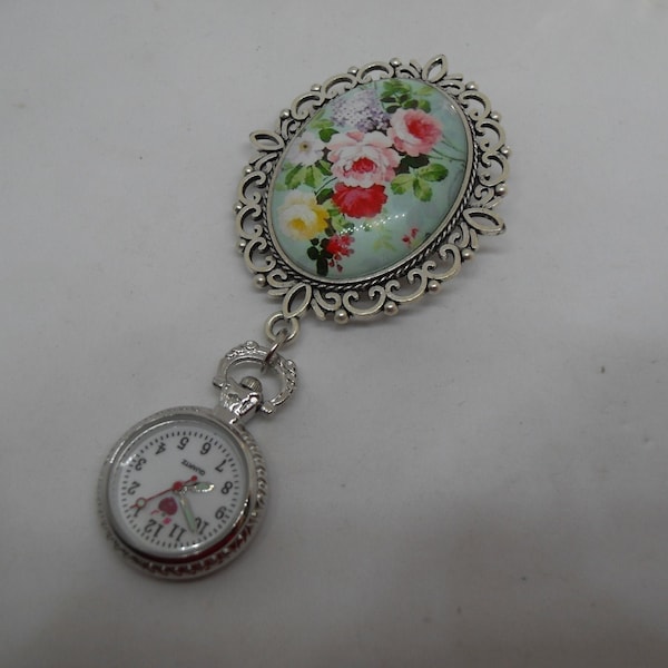 Vintage Colourful Floral Cabachon Brooch Fob Watch