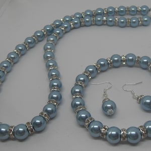 Beautiful Powder Blue Czech Glass Pearl Necklace, Bracelet and Sterling Silver Earring Set image 1