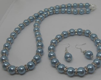 Beautiful Powder Blue Czech Glass Pearl Necklace, Bracelet and Sterling Silver Earring Set