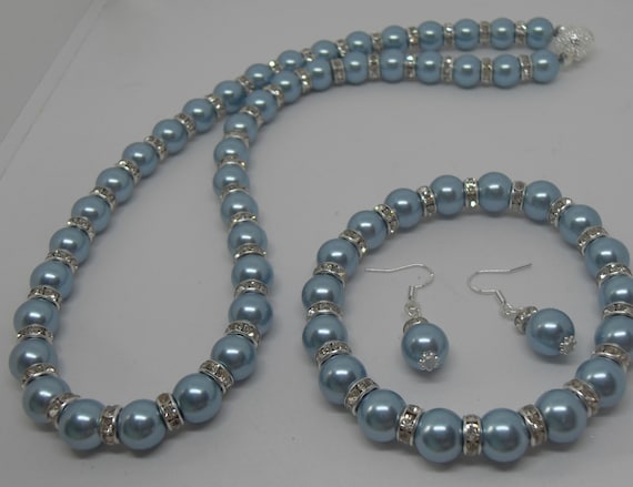 Beautiful Powder Blue Czech Glass Pearl Necklace, Bracelet and Sterling Silver Earring Set