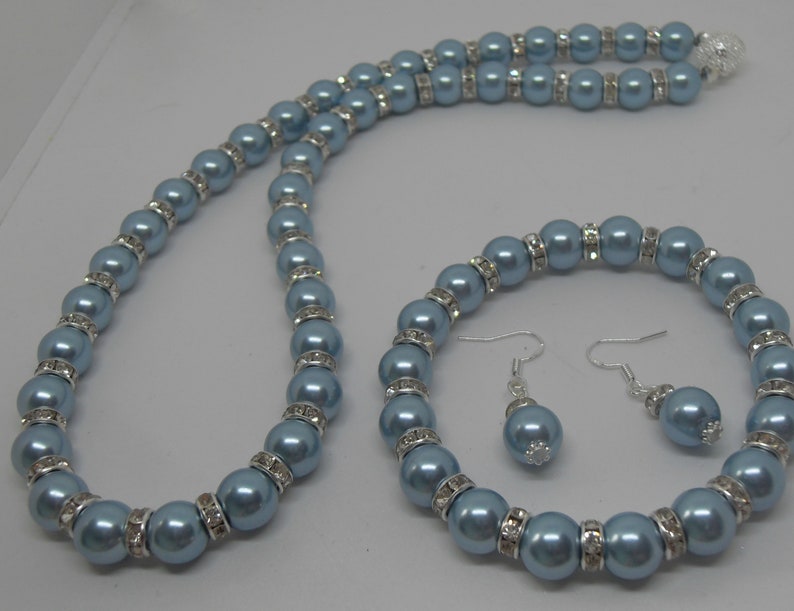 Beautiful Powder Blue Czech Glass Pearl Necklace, Bracelet and Sterling Silver Earring Set image 1