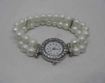 Textured White Pearl Ladies 2 Stranded Wrist Watch for Weddings/Special Occasions