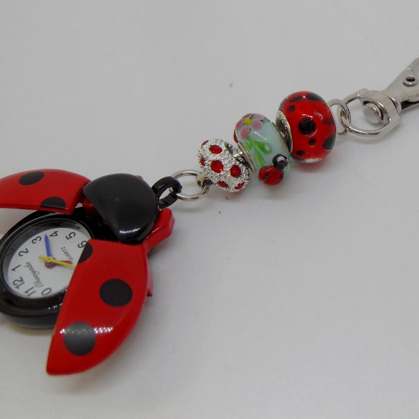 Cute Ladybird Bag Charm Fobwatch with Ladybird Beads