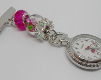 Stunning Floral Glitter Beaded Fob Watch for Nurses, Carers, Beauticians and Vets