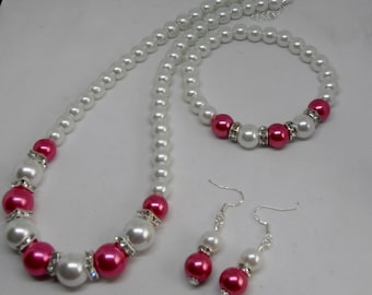 Beautiful Cerise/Hot Pink and White Necklace Set with Sterling Silver Earrings