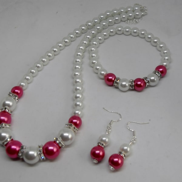 Beautiful Cerise/Hot Pink and White Necklace Set with Sterling Silver Earrings