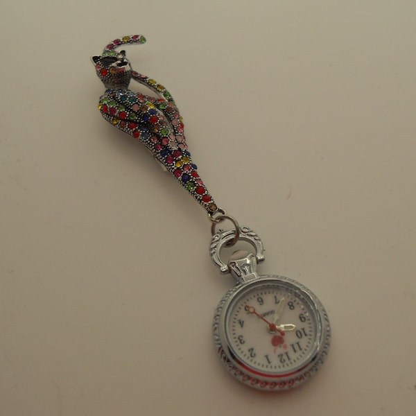 Crystal Diamante Multicolour Cat Brooch Fob Watch