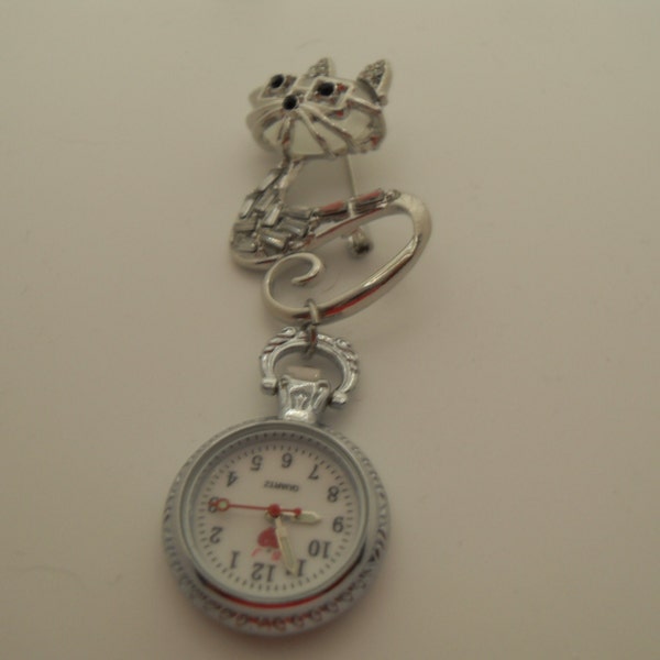 Crystal Diamante et Opal Stone Cat Brooch Fob Watch