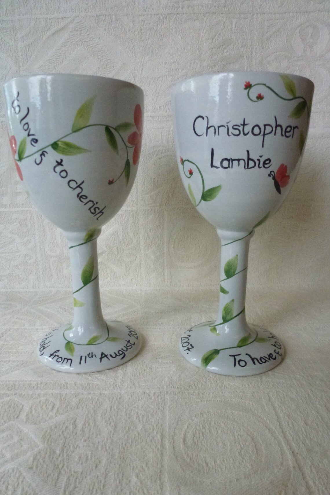 Ceramic Wine Goblet Glasses Personalised for Bride and Groom Hand