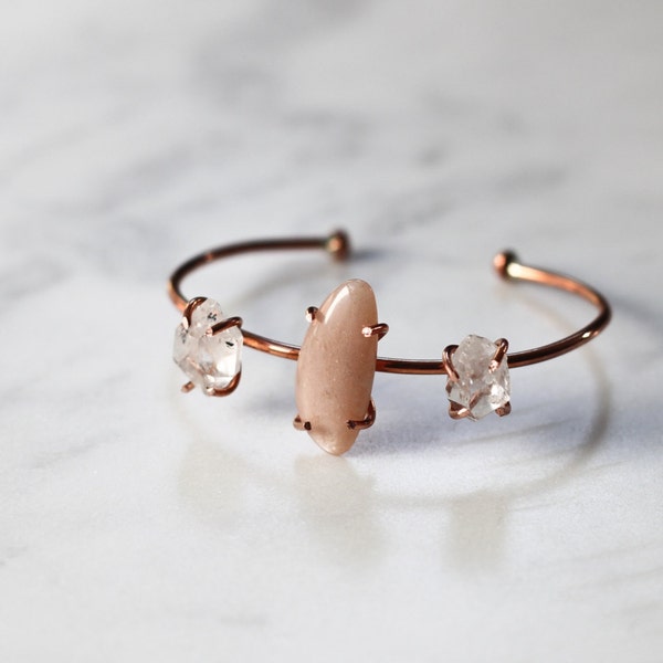 Peach Moonstone + Herkimer Diamond Copper Cuff