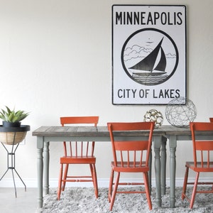 SALE Vintage Graphic Art Minneapolis City Sign 48 x 36/Black & White Industrial Metal Sign/Minnesota City of Lakes/Nautical Wall Art